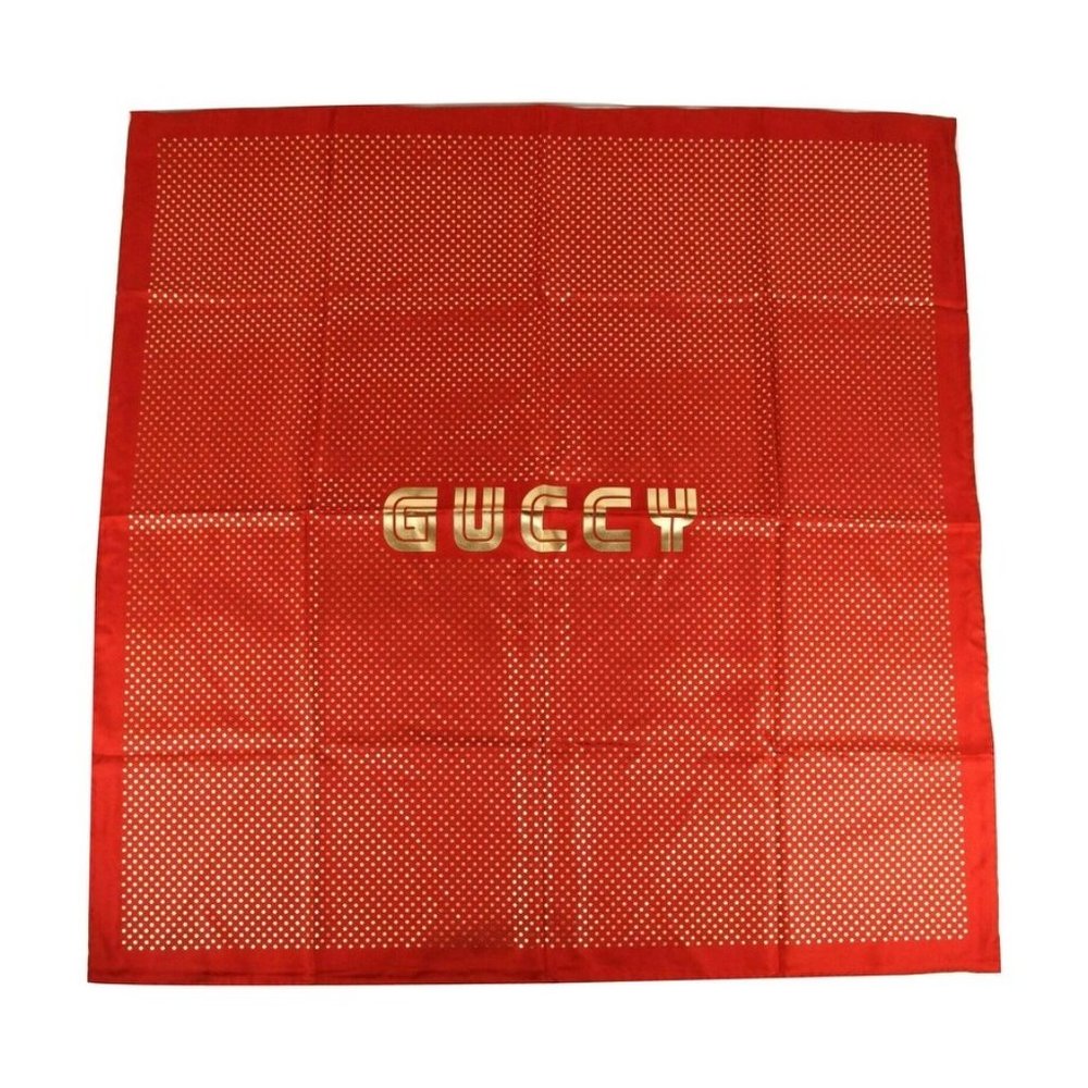 Gucci Red Silk Metallic Gold Star "GUCCY" Scarf - Picture 4 of 6